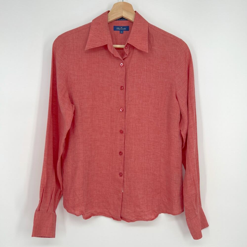 Vintage Faconnable 100% Linen Button Blouse Top Womens XS Coral Pink Long Sleeve